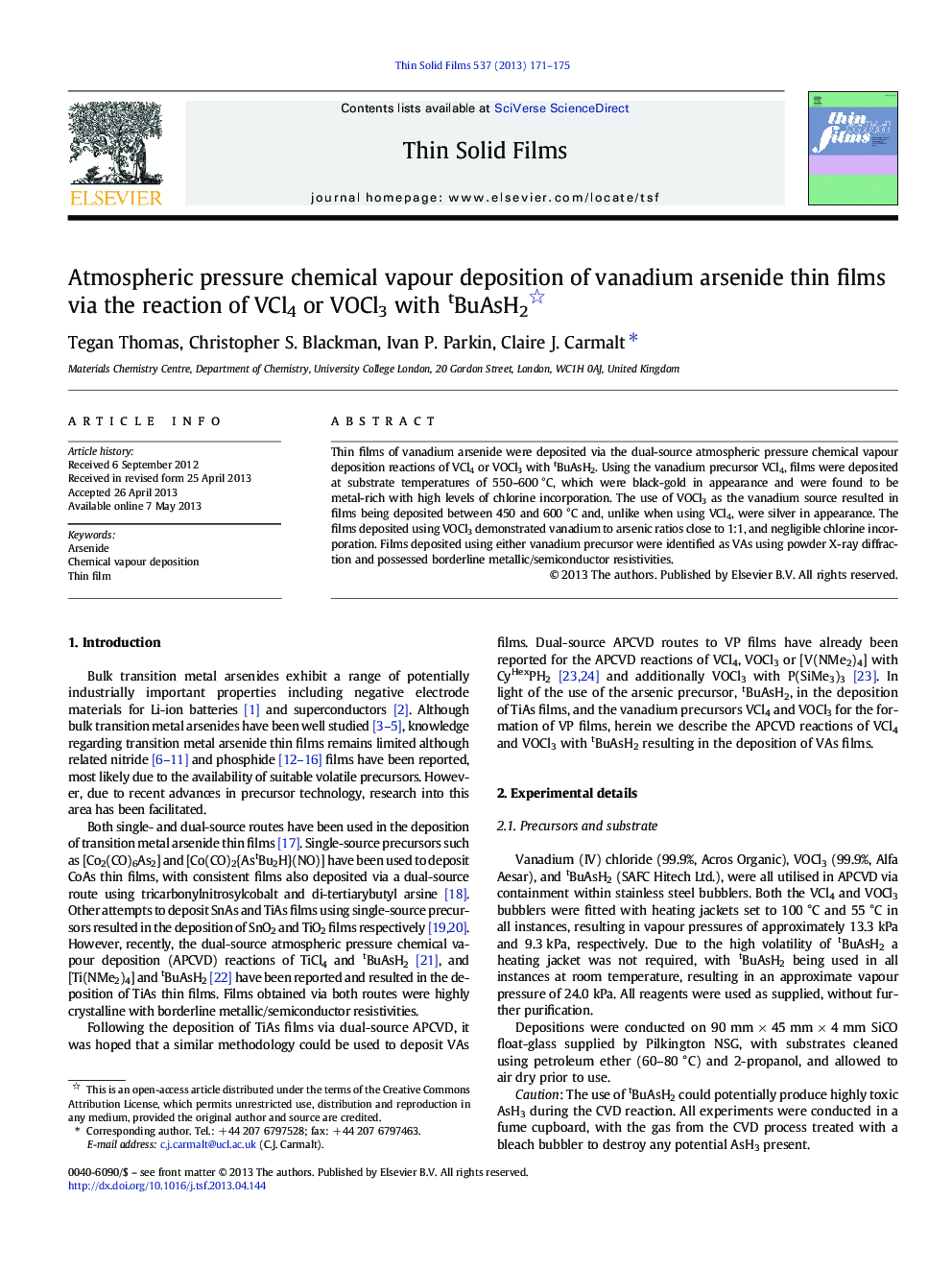 Atmospheric pressure chemical vapour deposition of vanadium arsenide thin films via the reaction of VCl4 or VOCl3 with tBuAsH2