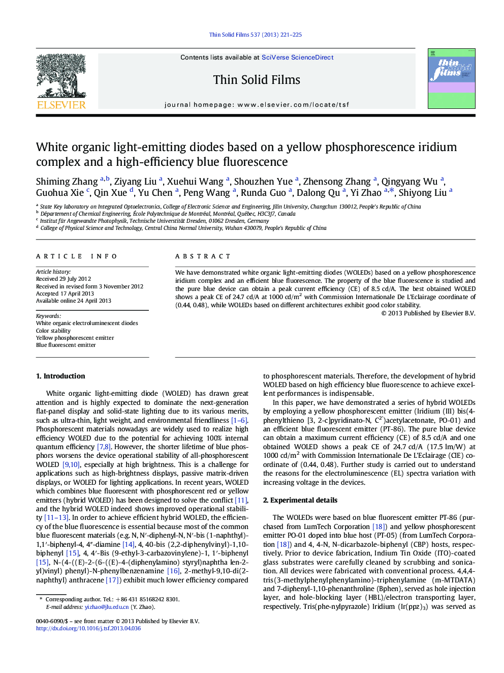 White organic light-emitting diodes based on a yellow phosphorescence iridium complex and a high-efficiency blue fluorescence