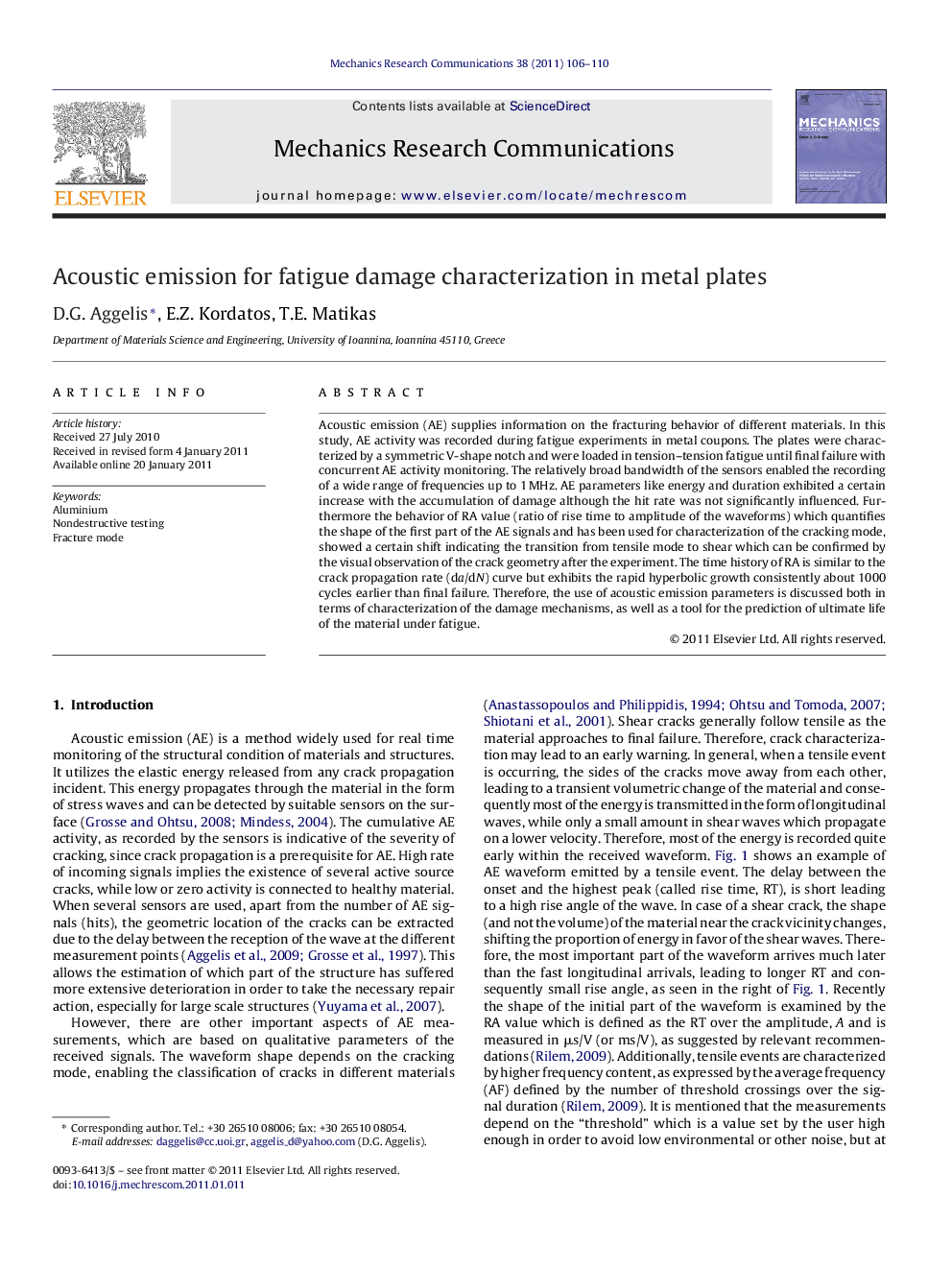 Acoustic emission for fatigue damage characterization in metal plates