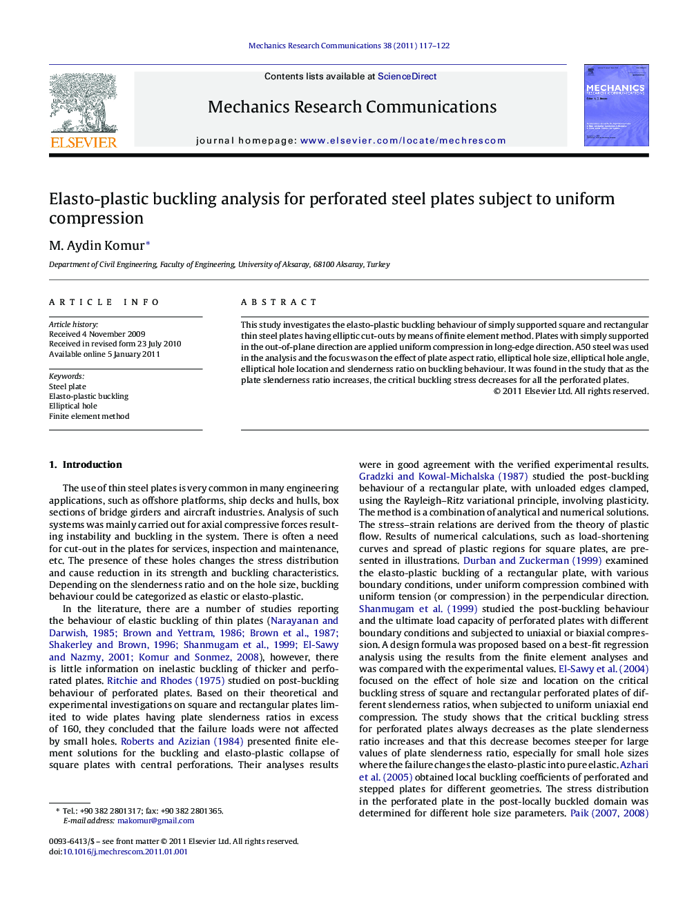 Elasto-plastic buckling analysis for perforated steel plates subject to uniform compression