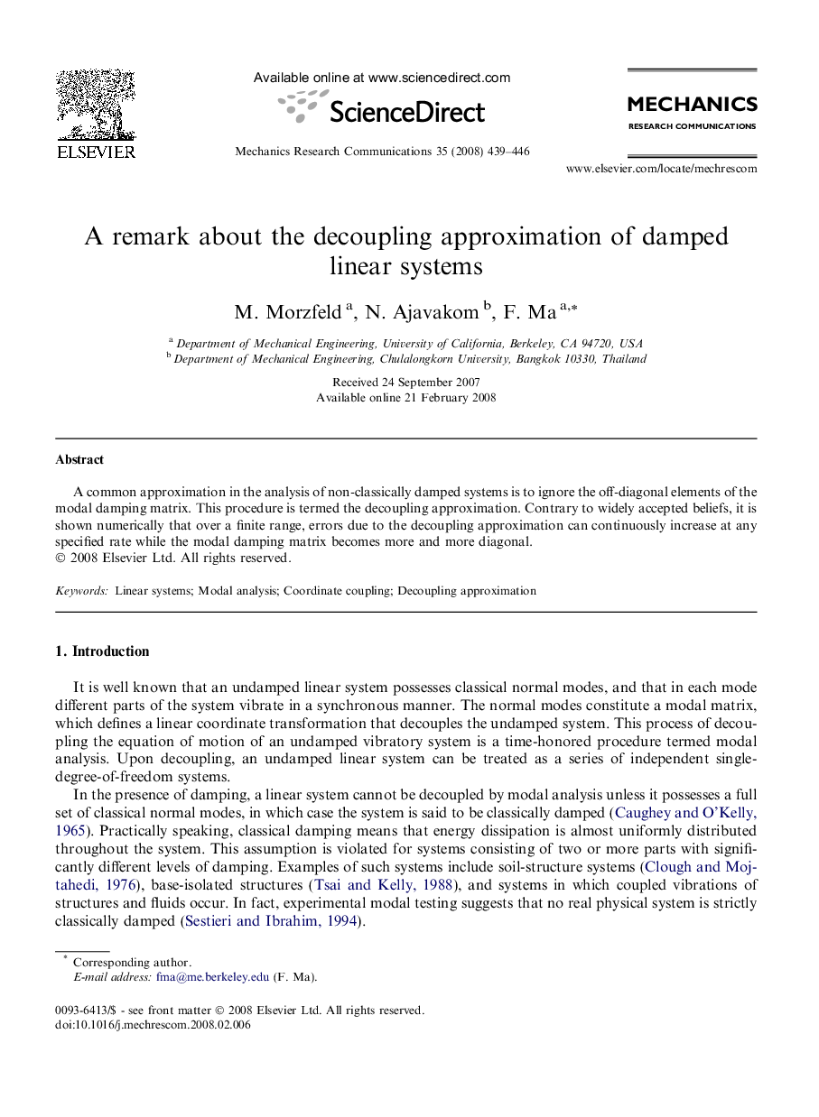 A remark about the decoupling approximation of damped linear systems