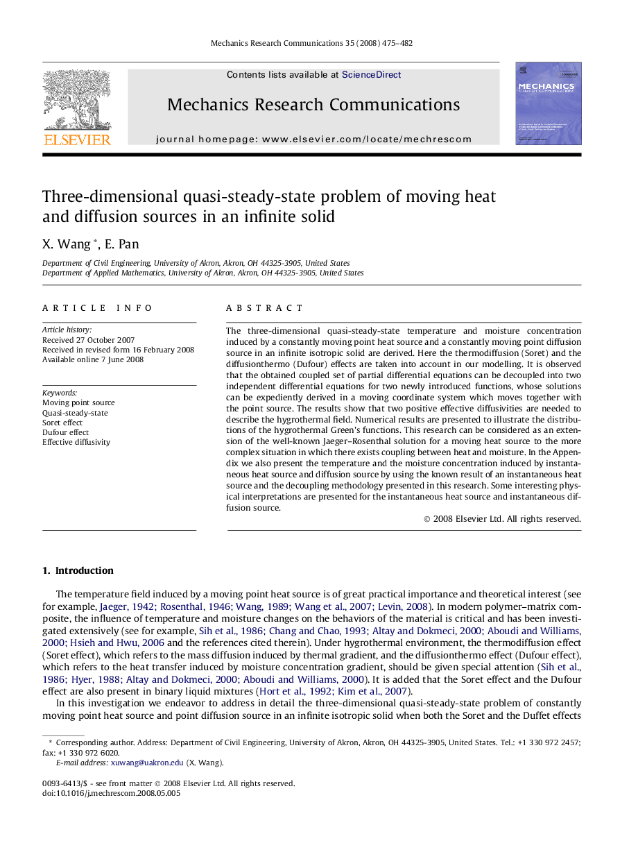 Three-dimensional quasi-steady-state problem of moving heat and diffusion sources in an infinite solid