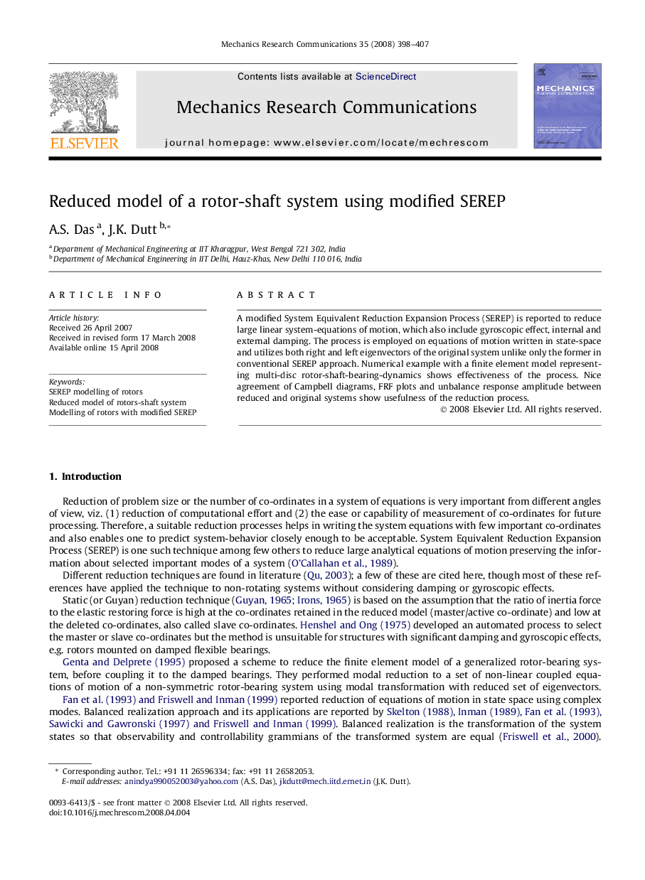 Reduced model of a rotor-shaft system using modified SEREP