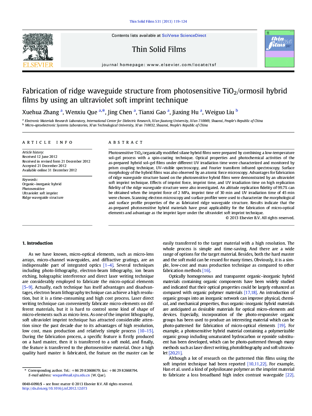 Fabrication of ridge waveguide structure from photosensitive TiO2/ormosil hybrid films by using an ultraviolet soft imprint technique