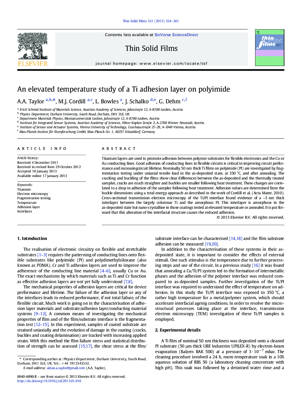 An elevated temperature study of a Ti adhesion layer on polyimide