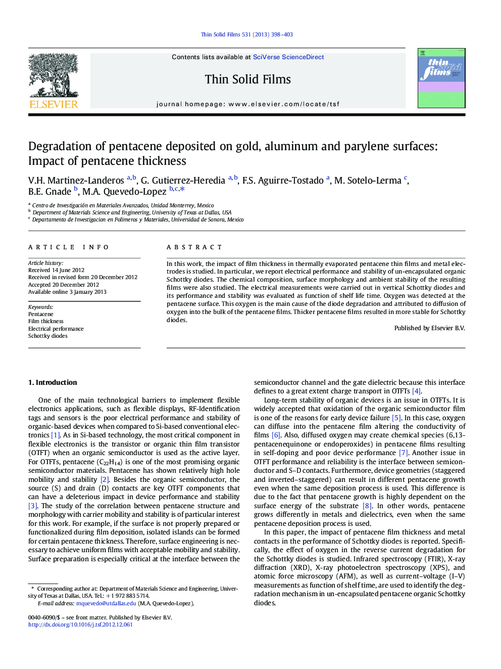 Degradation of pentacene deposited on gold, aluminum and parylene surfaces: Impact of pentacene thickness