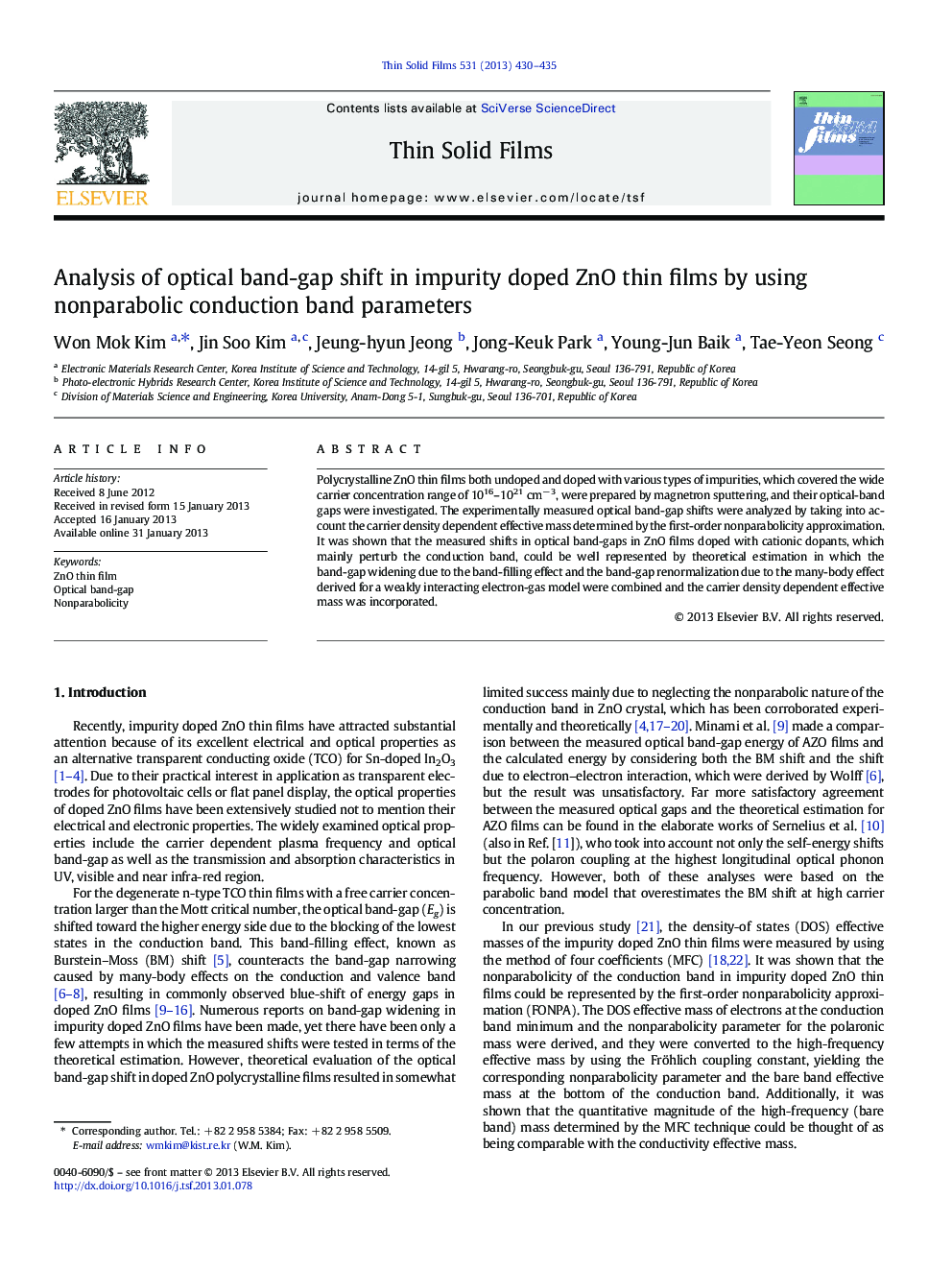 Analysis of optical band-gap shift in impurity doped ZnO thin films by using nonparabolic conduction band parameters