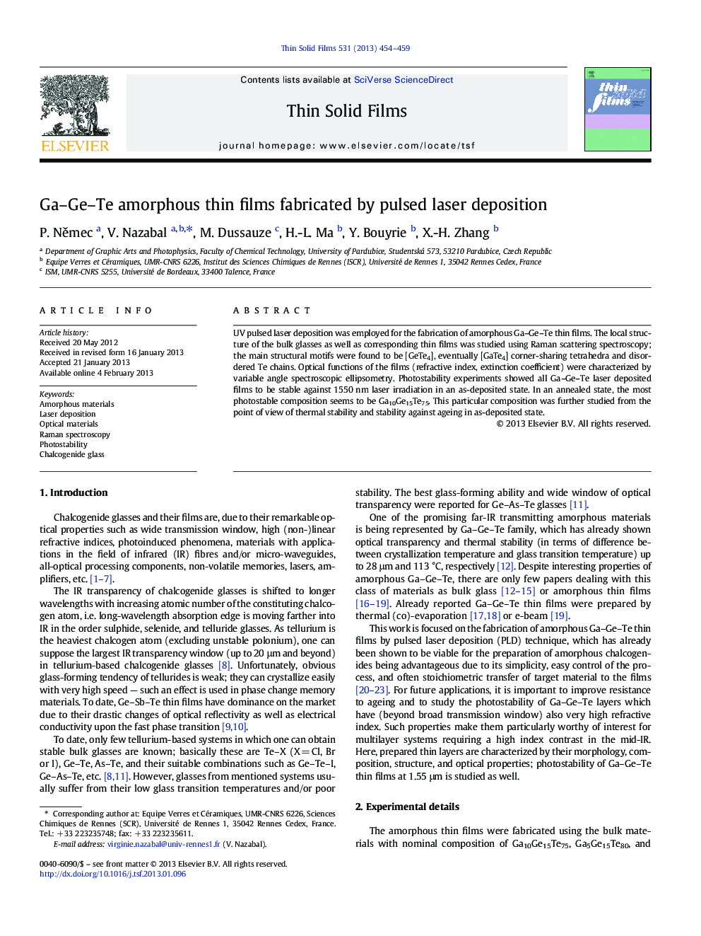 Ga-Ge-Te amorphous thin films fabricated by pulsed laser deposition