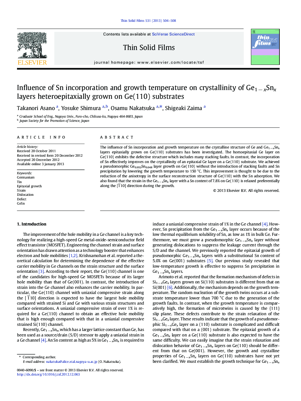 Influence of Sn incorporation and growth temperature on crystallinity of Ge1Â âÂ xSnx layers heteroepitaxially grown on Ge(110) substrates