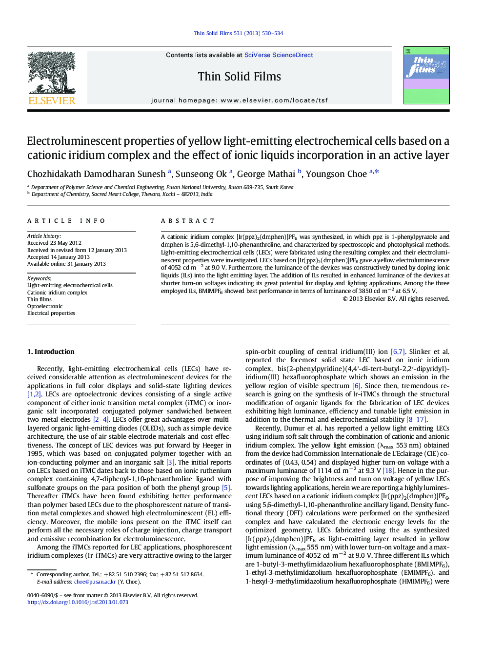 Electroluminescent properties of yellow light-emitting electrochemical cells based on a cationic iridium complex and the effect of ionic liquids incorporation in an active layer