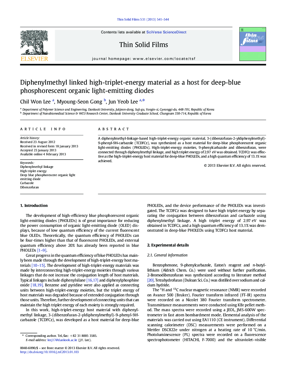 Diphenylmethyl linked high-triplet-energy material as a host for deep-blue phosphorescent organic light-emitting diodes