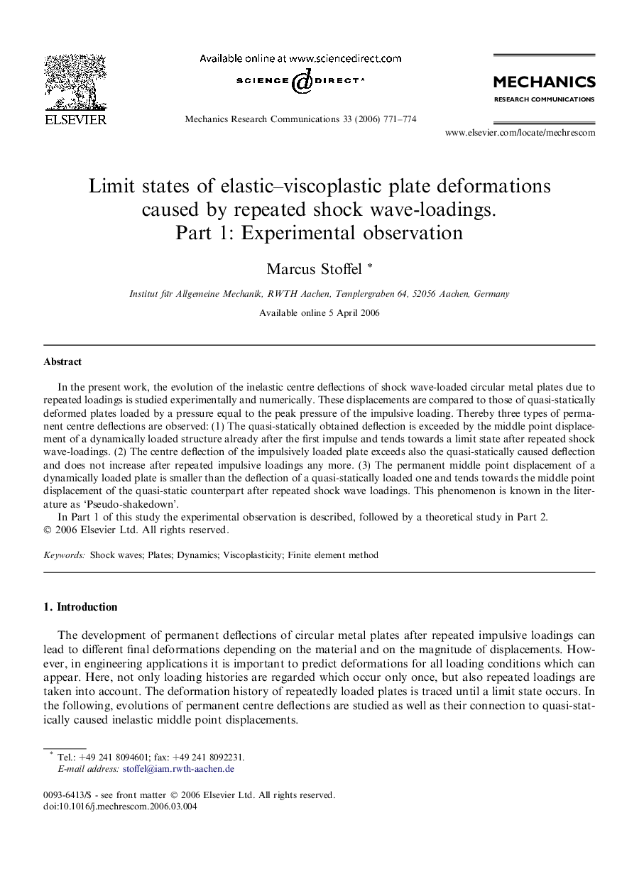 Limit states of elastic–viscoplastic plate deformations caused by repeated shock wave-loadings. Part 1: Experimental observation