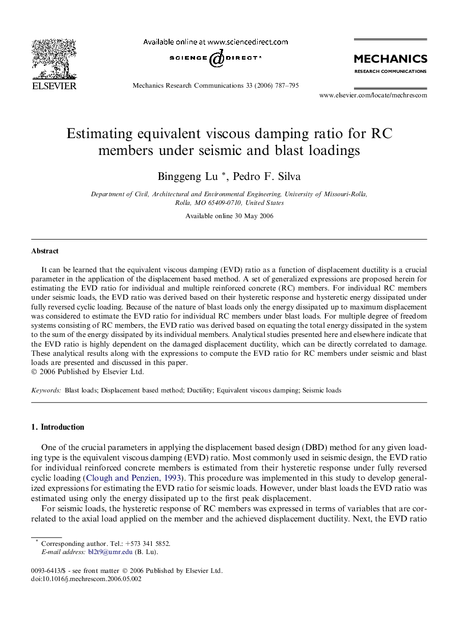 Estimating equivalent viscous damping ratio for RC members under seismic and blast loadings