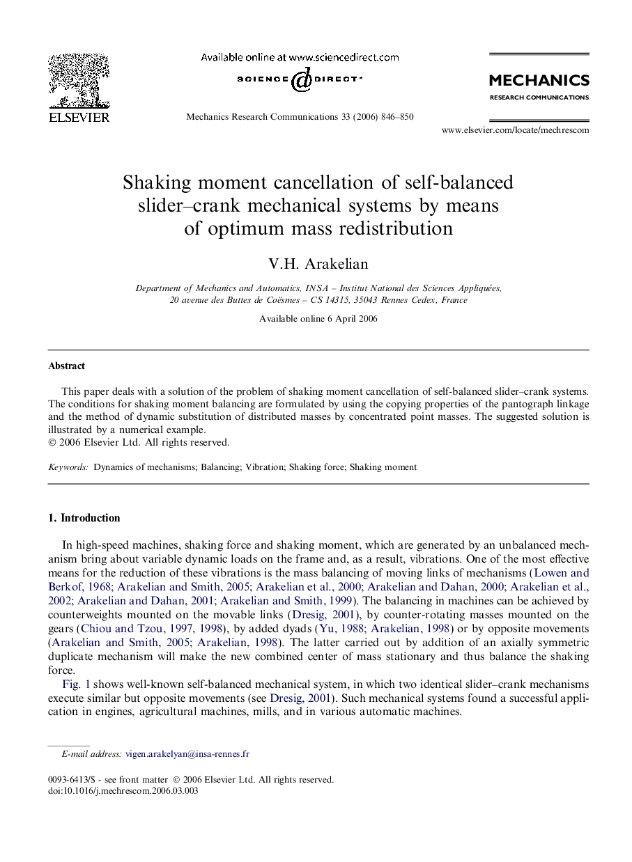 Shaking moment cancellation of self-balanced slider–crank mechanical systems by means of optimum mass redistribution