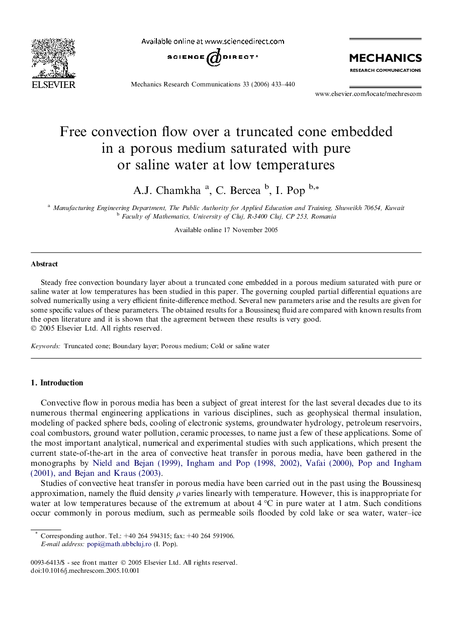 Free convection flow over a truncated cone embedded in a porous medium saturated with pure or saline water at low temperatures