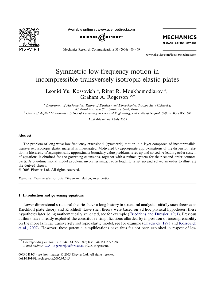 Symmetric low-frequency motion in incompressible transversely isotropic elastic plates