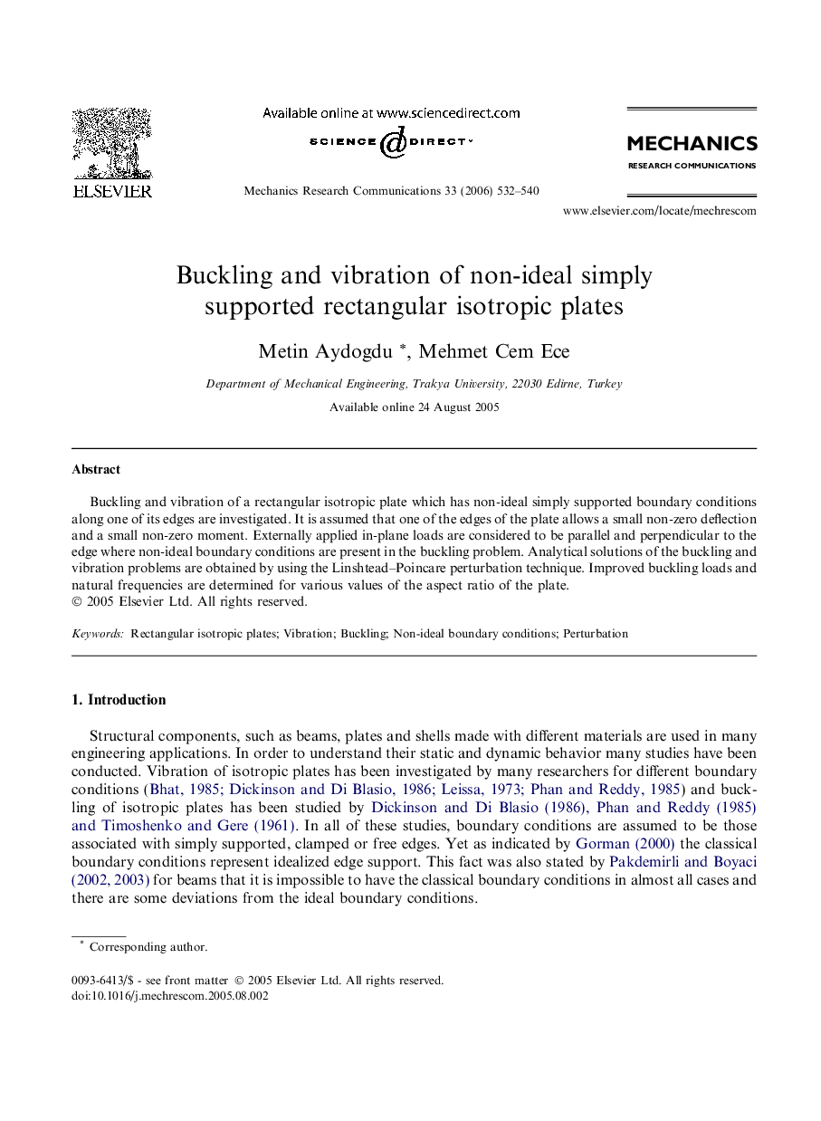 Buckling and vibration of non-ideal simply supported rectangular isotropic plates