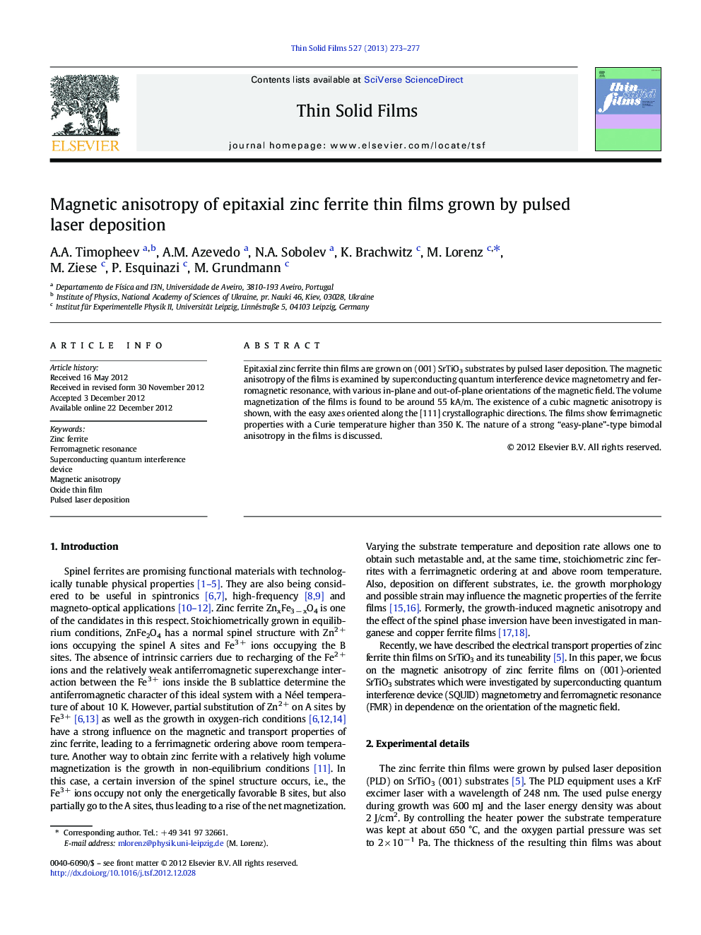 Magnetic anisotropy of epitaxial zinc ferrite thin films grown by pulsed laser deposition