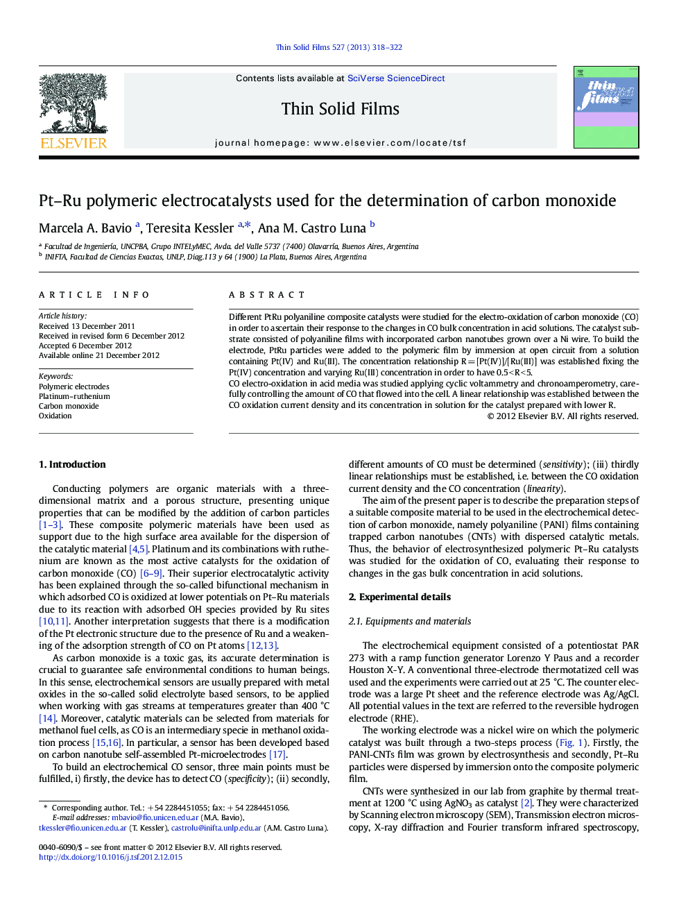 Pt-Ru polymeric electrocatalysts used for the determination of carbon monoxide