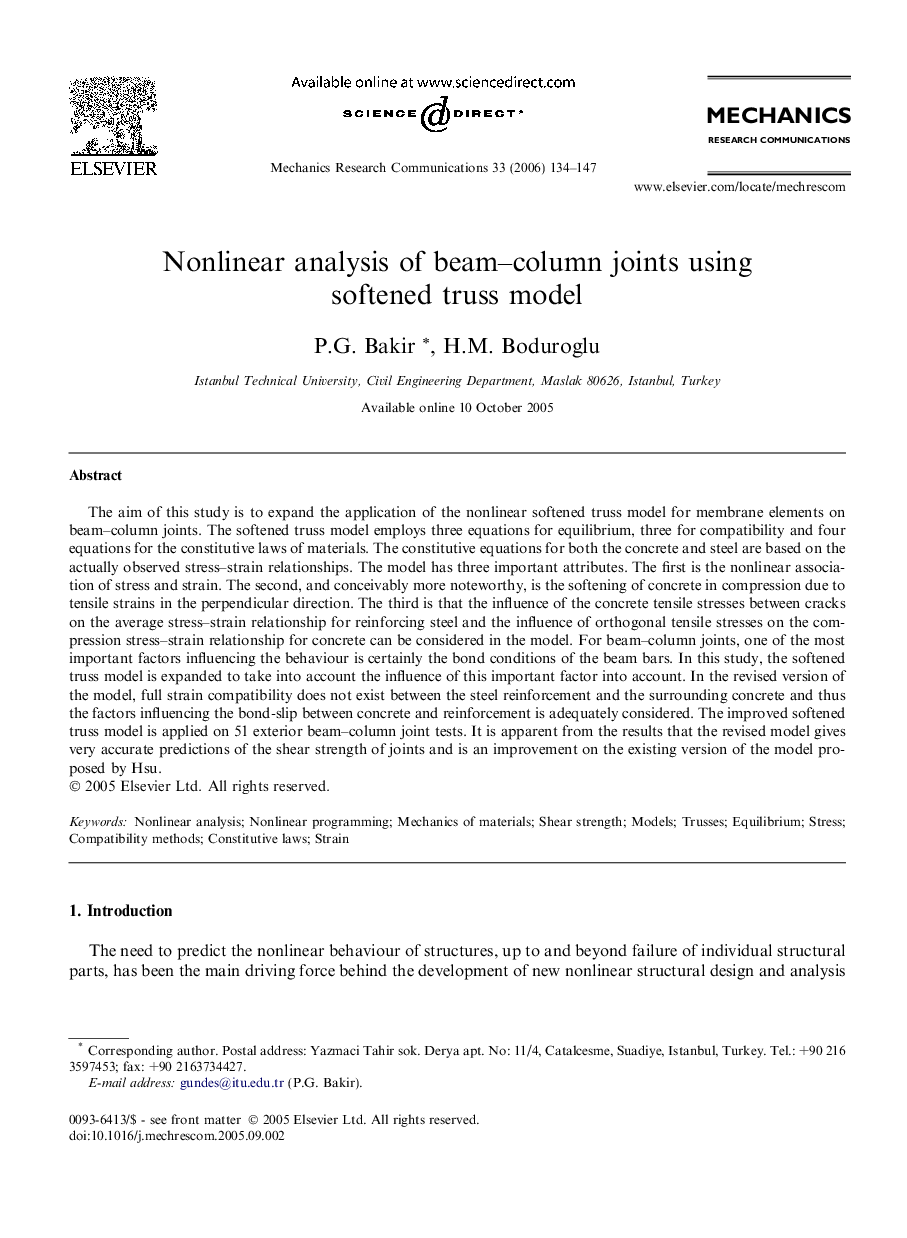 Nonlinear analysis of beam–column joints using softened truss model