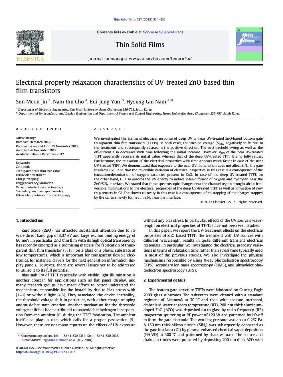 Electrical property relaxation characteristics of UV-treated ZnO-based thin film transistors