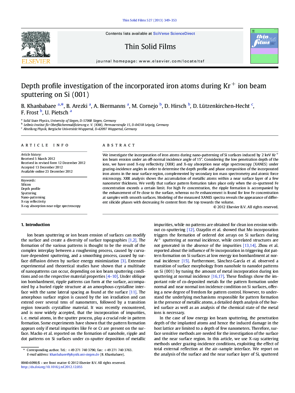 Depth profile investigation of the incorporated iron atoms during Kr+ ion beam sputtering on Si (001)