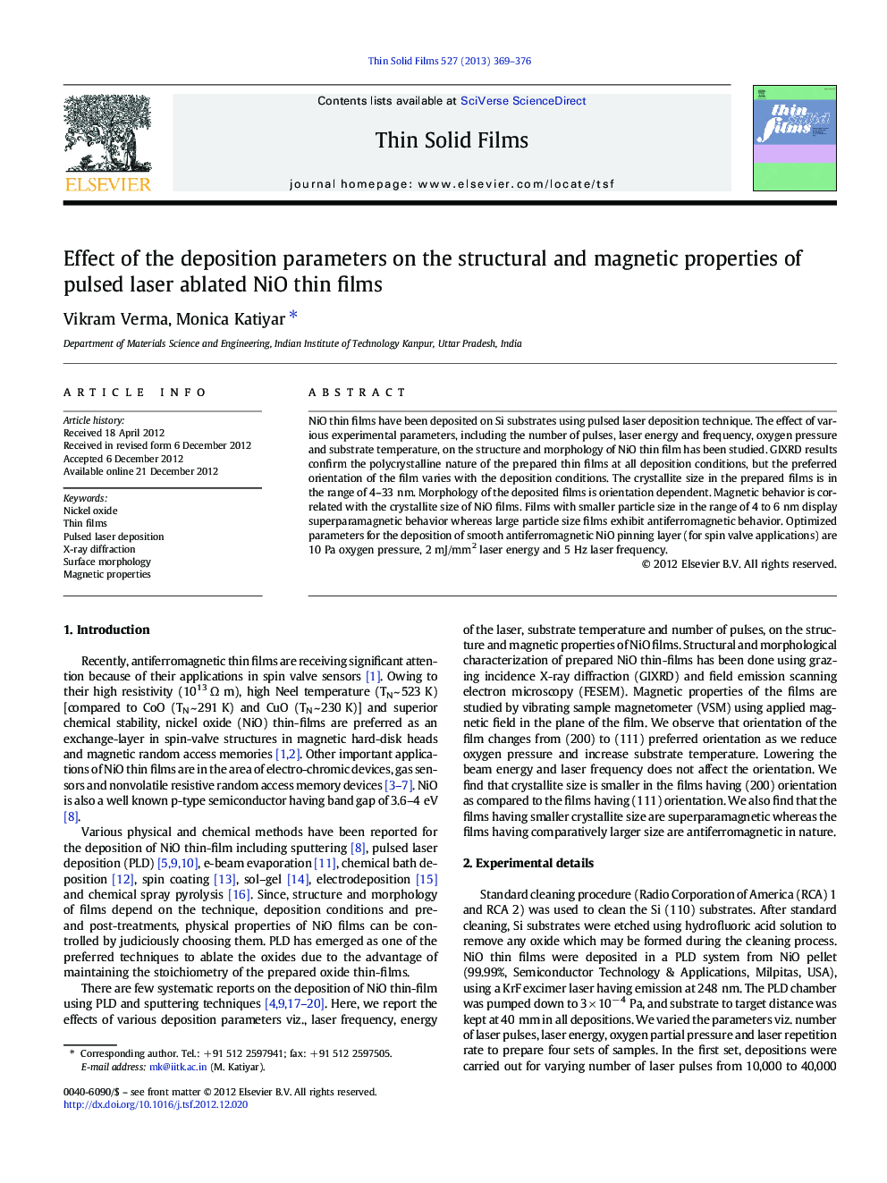 Effect of the deposition parameters on the structural and magnetic properties of pulsed laser ablated NiO thin films