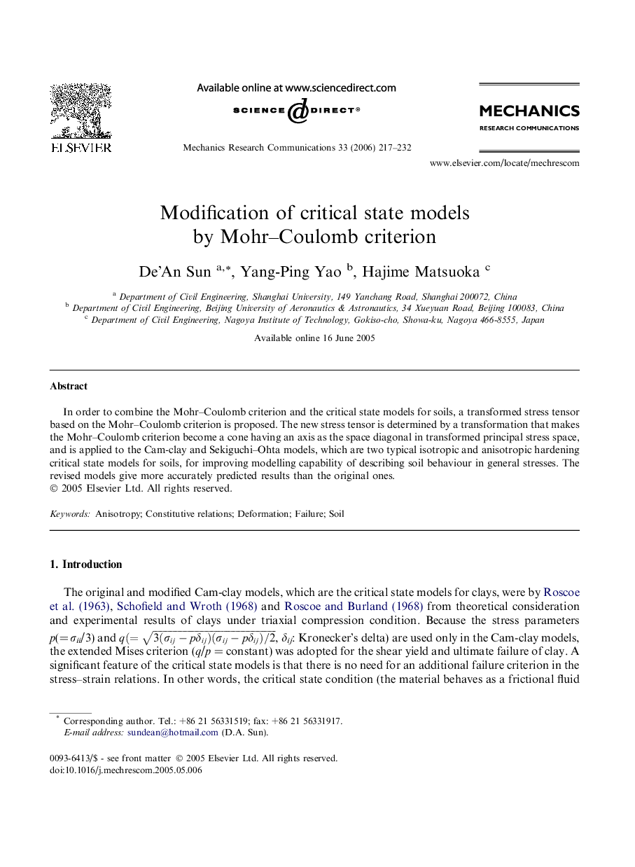 Modification of critical state models by Mohr–Coulomb criterion