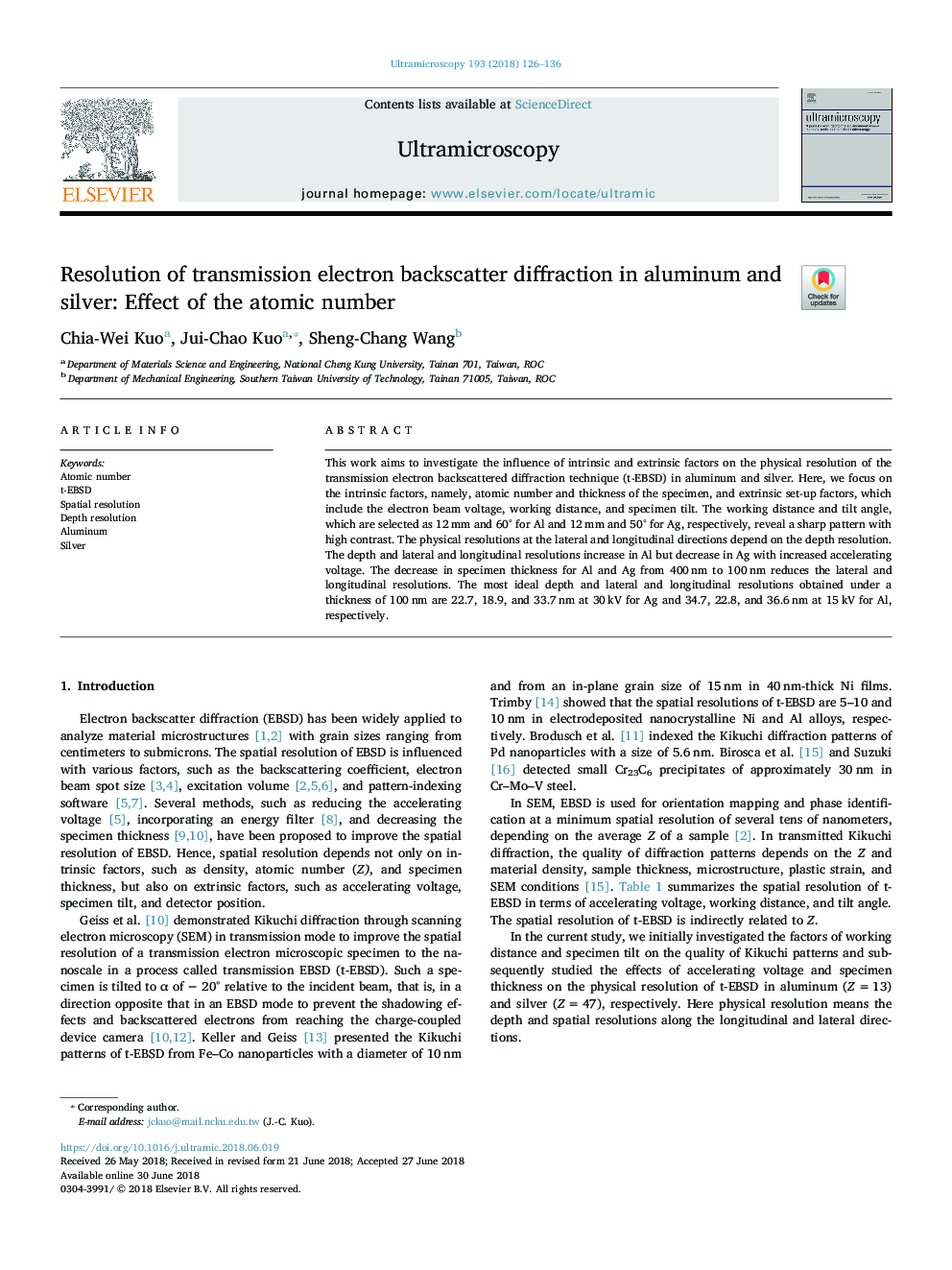 Resolution of transmission electron backscatter diffraction in aluminum and silver: Effect of the atomic number