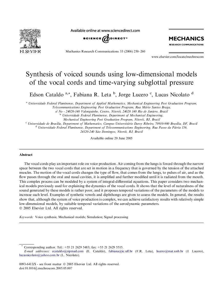 Synthesis of voiced sounds using low-dimensional models of the vocal cords and time-varying subglottal pressure