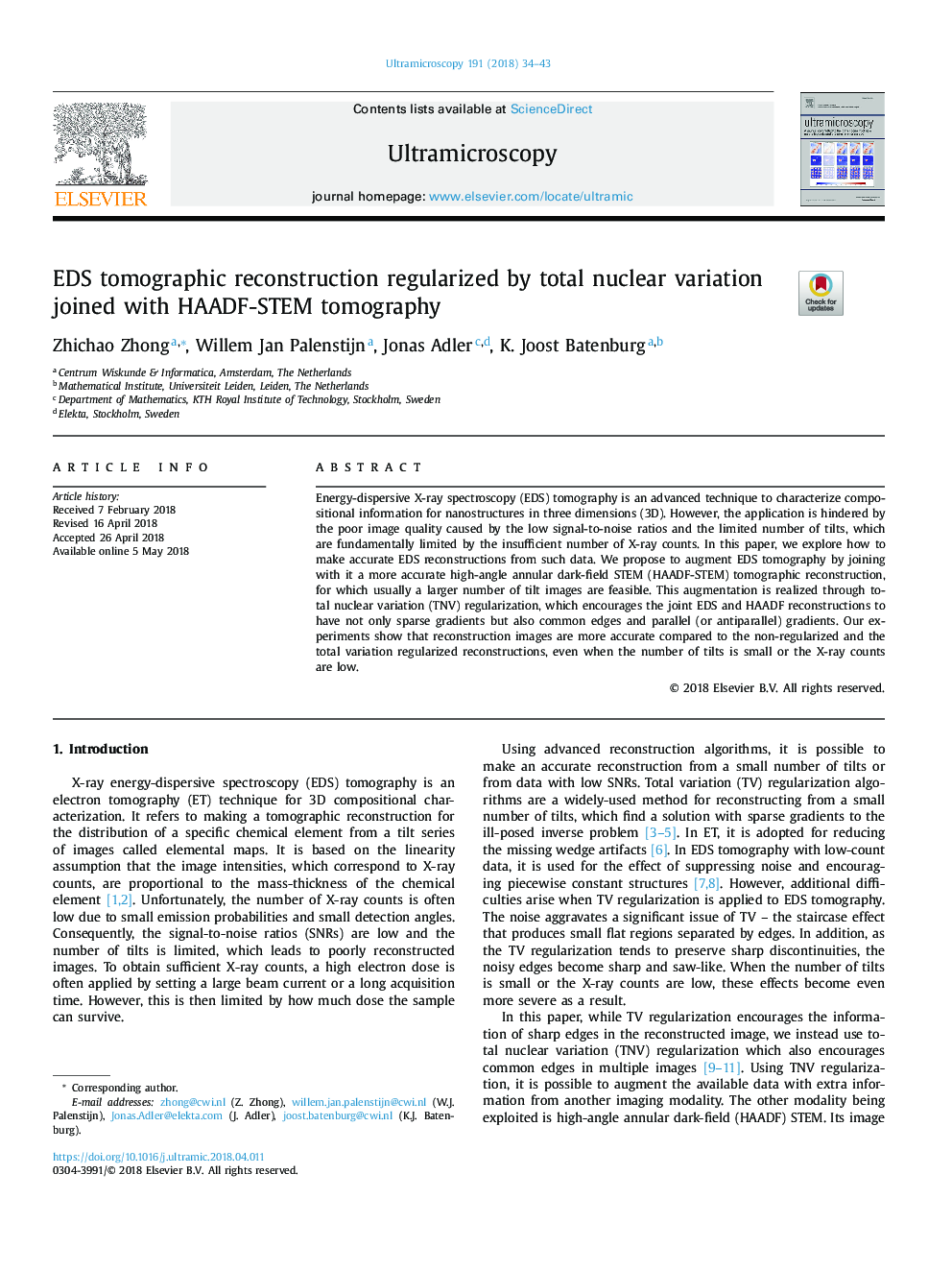 EDS tomographic reconstruction regularized by total nuclear variation joined with HAADF-STEM tomography