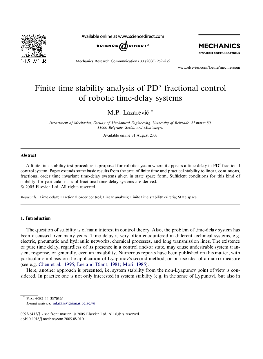 Finite time stability analysis of PDα fractional control of robotic time-delay systems