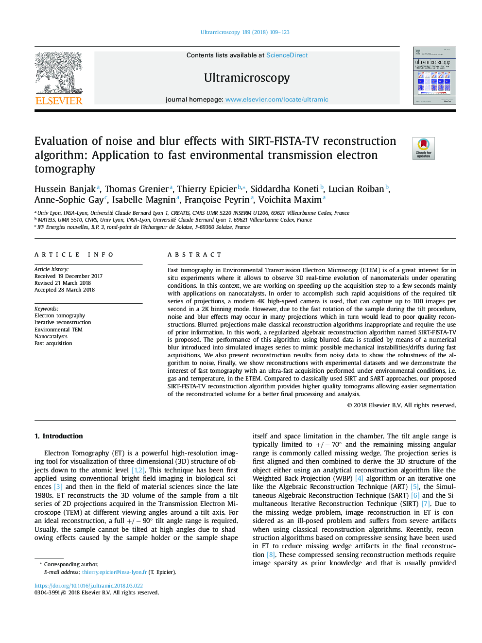 Evaluation of noise and blur effects with SIRT-FISTA-TV reconstruction algorithm: Application to fast environmental transmission electron tomography