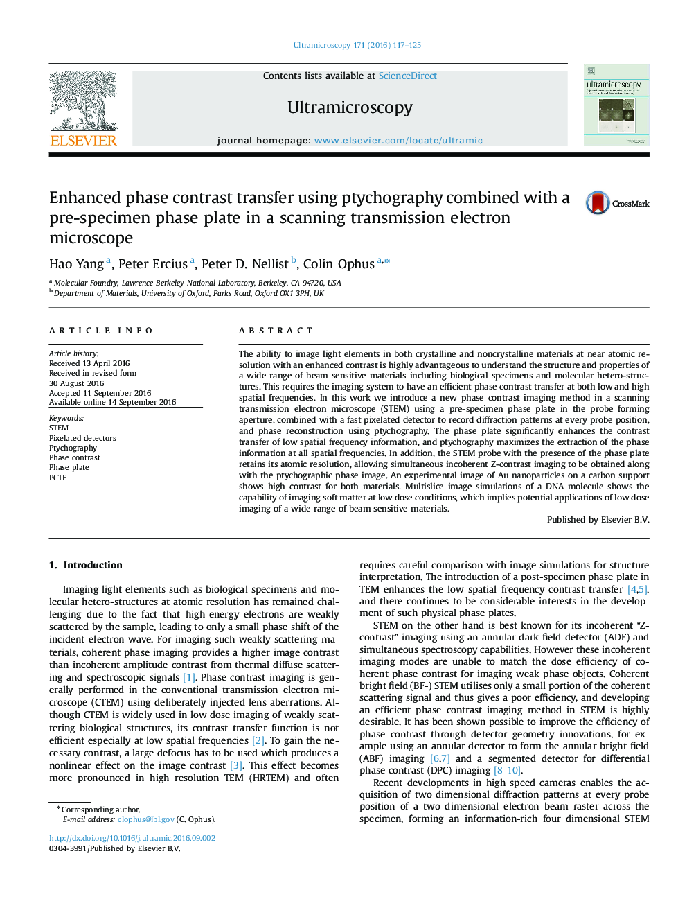 عکس صفحه اول مقاله: Enhanced phase contrast transfer using ptychography combined with a pre-specimen phase plate in a scanning transmission electron microscope Enhanced phase contrast transfer using ptychography combined with a pre-specimen phase plate in a scanning transmission electron microscope