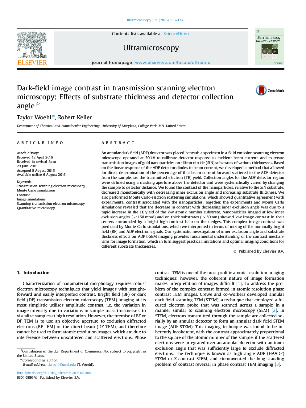 Dark-field image contrast in transmission scanning electron microscopy: Effects of substrate thickness and detector collection angle