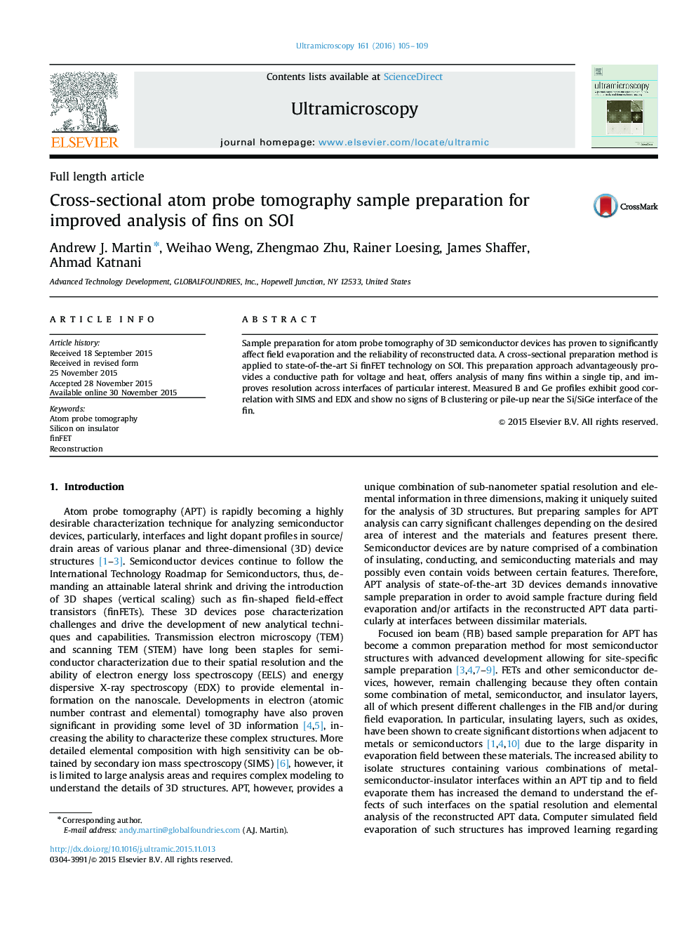 Cross-sectional atom probe tomography sample preparation for improved analysis of fins on SOI