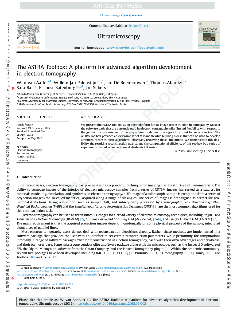 The ASTRA Toolbox: A platform for advanced algorithm development in electron tomography