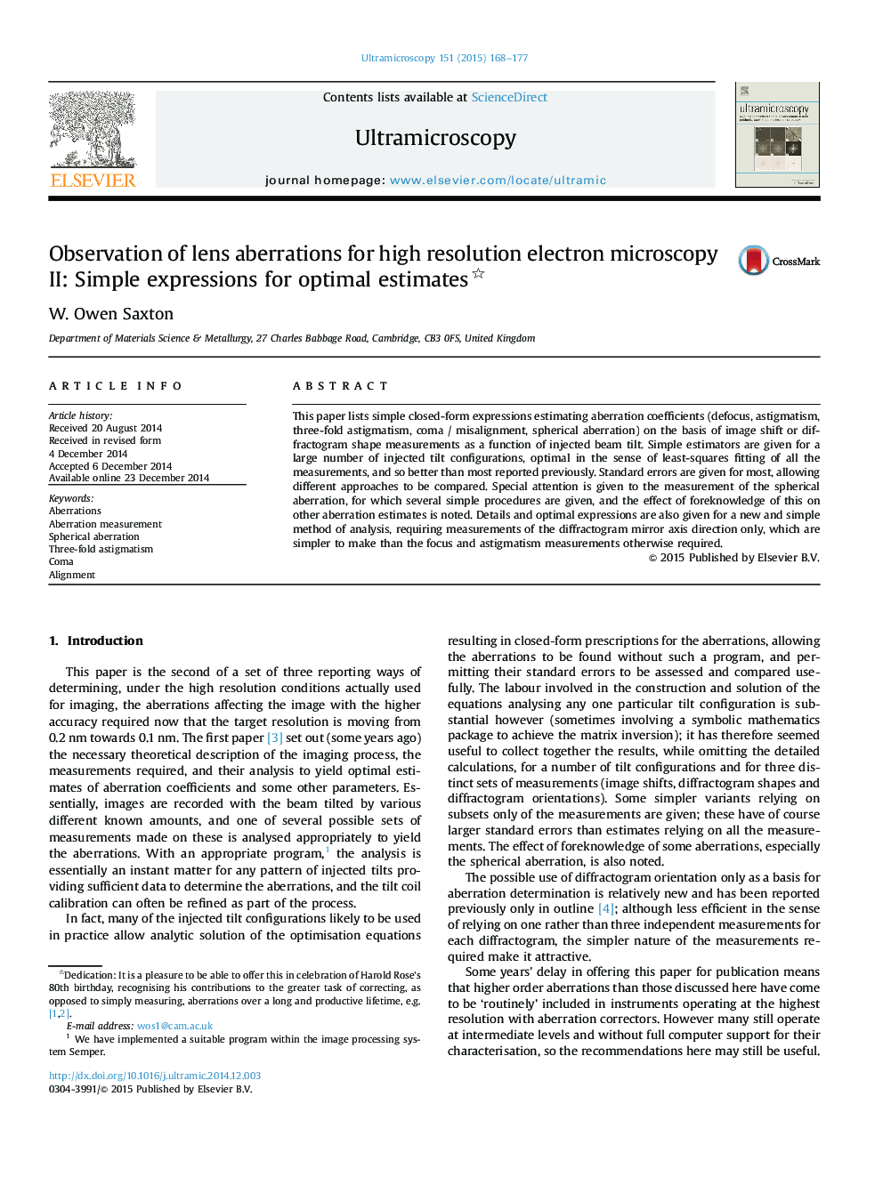 Observation of lens aberrations for high resolution electron microscopy II: Simple expressions for optimal estimates