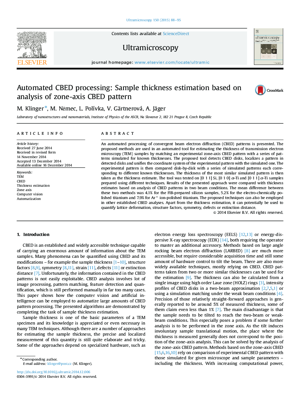 Automated CBED processing: Sample thickness estimation based on analysis of zone-axis CBED pattern