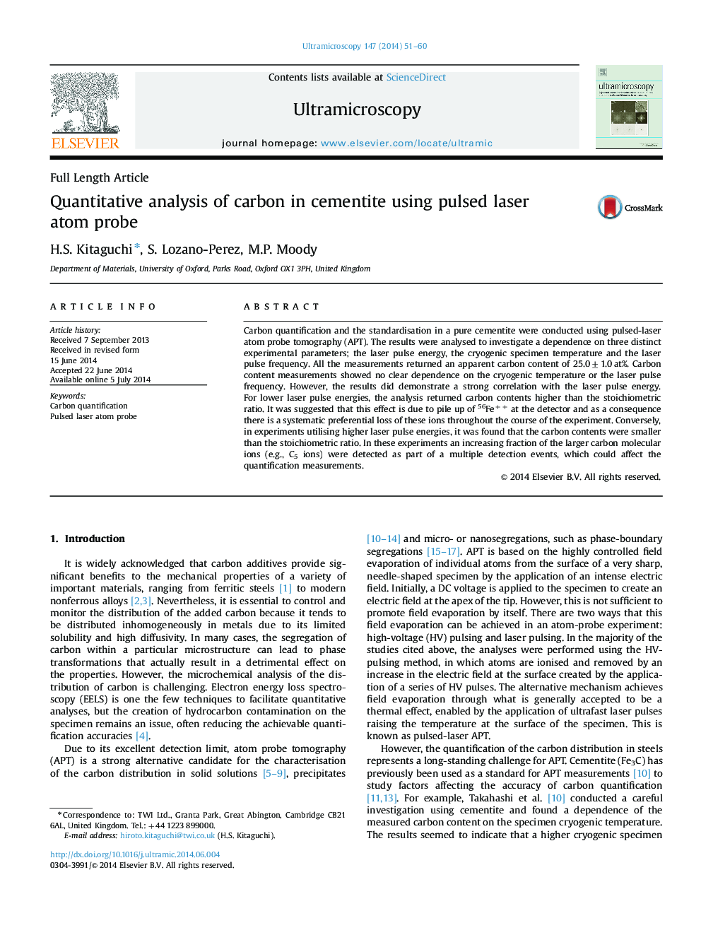 Quantitative analysis of carbon in cementite using pulsed laser atom probe