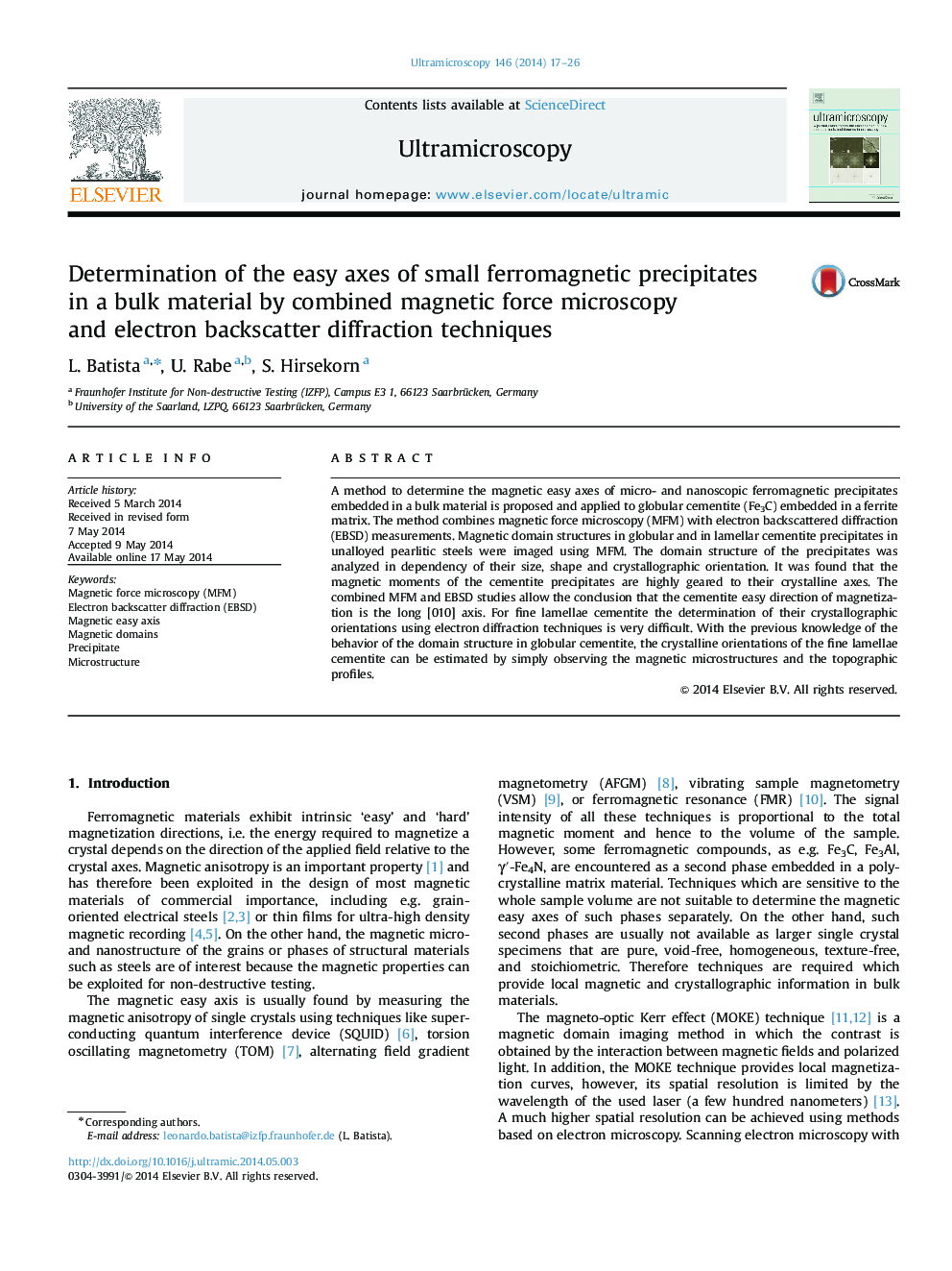 Determination of the easy axes of small ferromagnetic precipitates in a bulk material by combined magnetic force microscopy and electron backscatter diffraction techniques