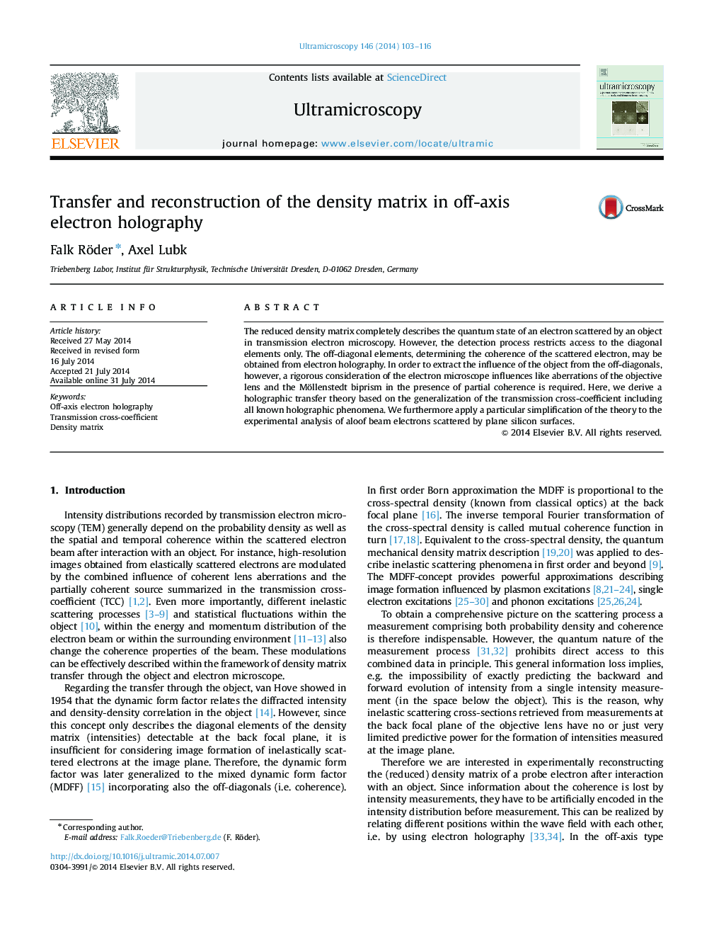 Transfer and reconstruction of the density matrix in off-axis electron holography