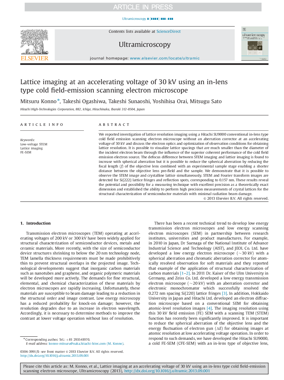 Lattice imaging at an accelerating voltage of 30Â kV using an in-lens type cold field-emission scanning electron microscope