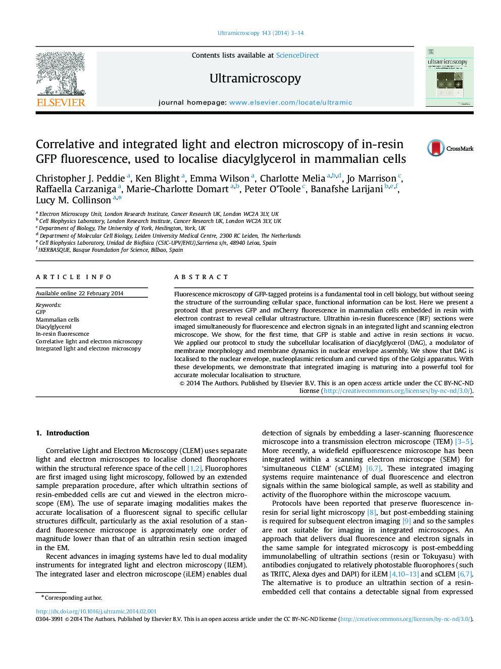 Correlative and integrated light and electron microscopy of in-resin GFP fluorescence, used to localise diacylglycerol in mammalian cells