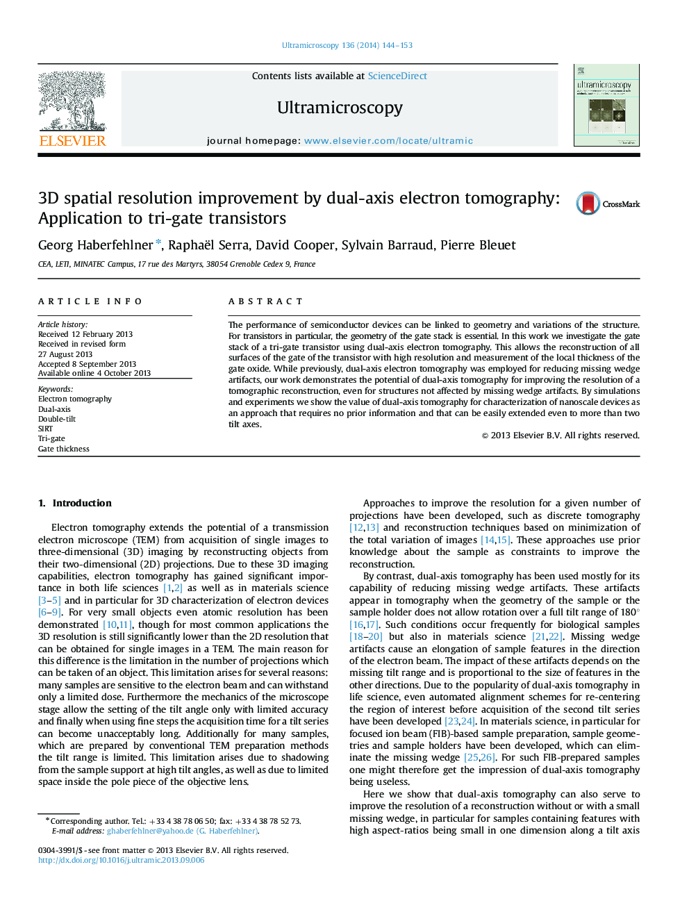 3D spatial resolution improvement by dual-axis electron tomography: Application to tri-gate transistors