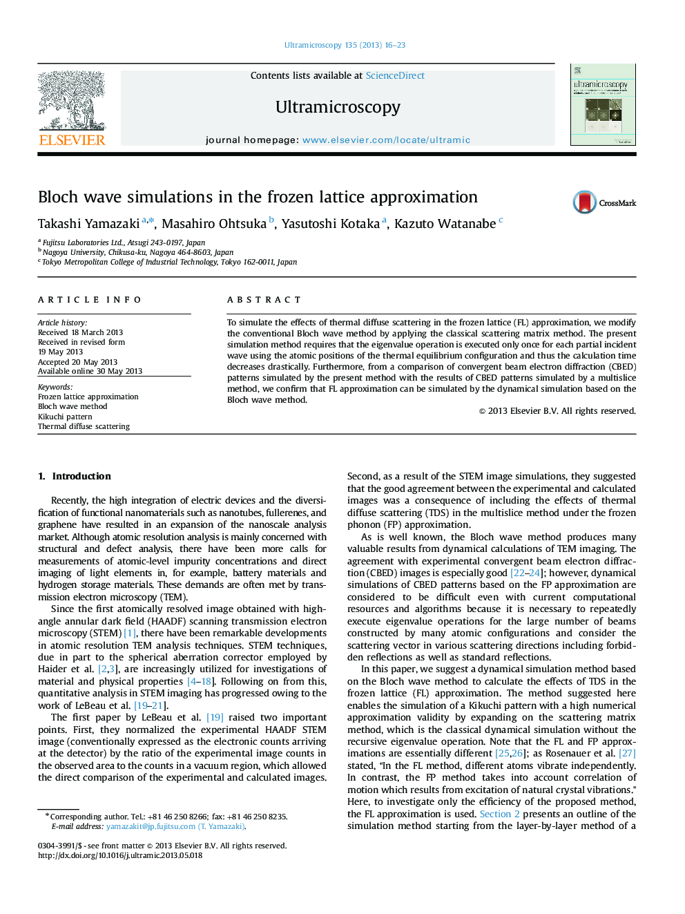 Bloch wave simulations in the frozen lattice approximation