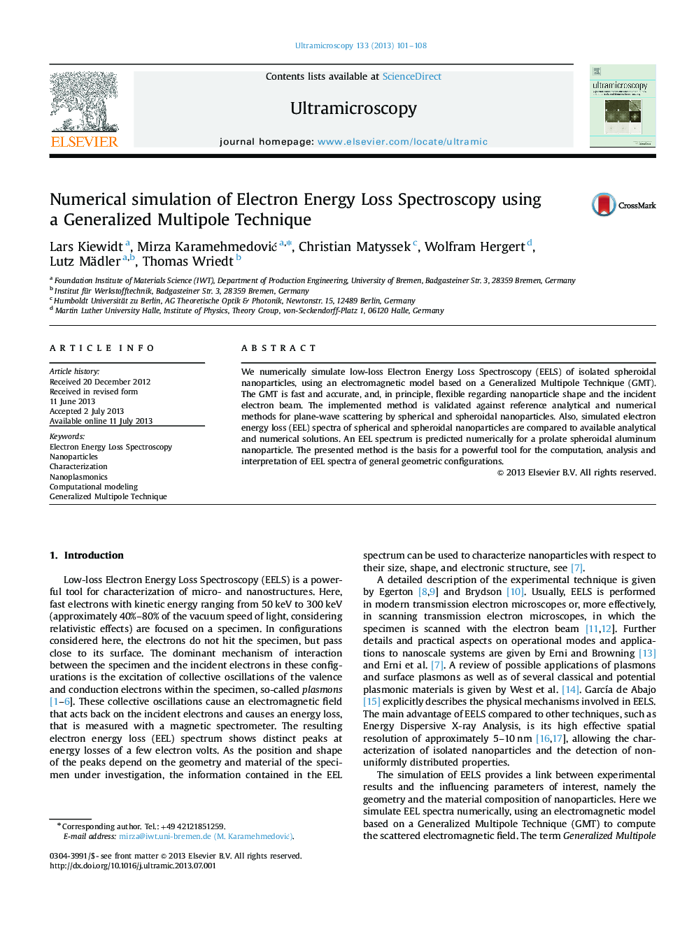 Numerical simulation of Electron Energy Loss Spectroscopy using a Generalized Multipole Technique