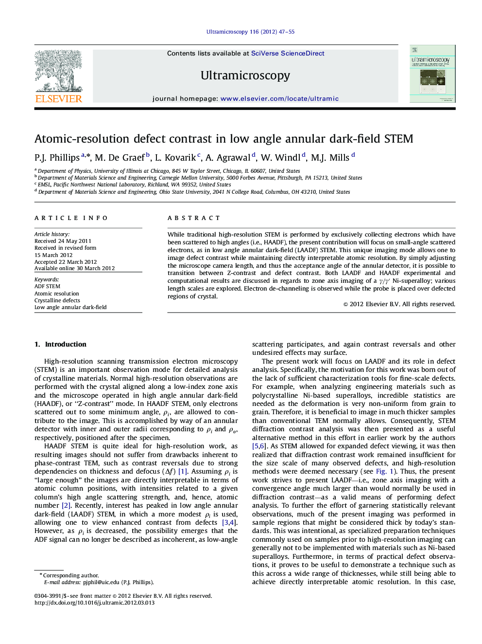 Atomic-resolution defect contrast in low angle annular dark-field STEM