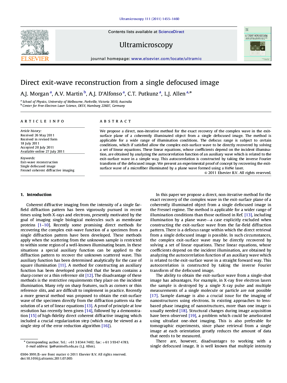 Direct exit-wave reconstruction from a single defocused image