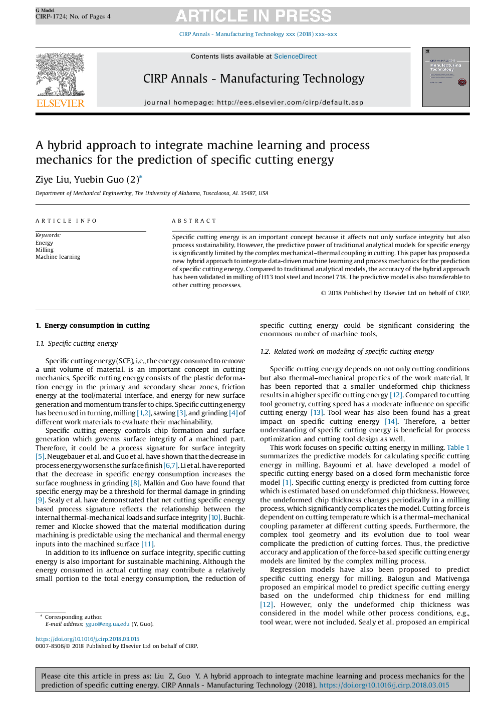 A hybrid approach to integrate machine learning and process mechanics for the prediction of specific cutting energy